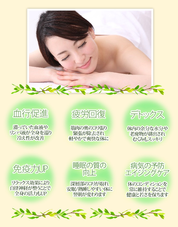 血行促進。疲労回復。デトックス。免疫力ＵＰ。睡眠の質の向上。病気の予防。アンチエイジングケア。